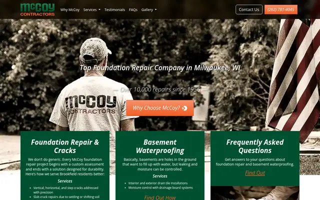 Screenshot of the McCoy Contractors homepage as it appeared on 2026-09-08, captured at desktop width.