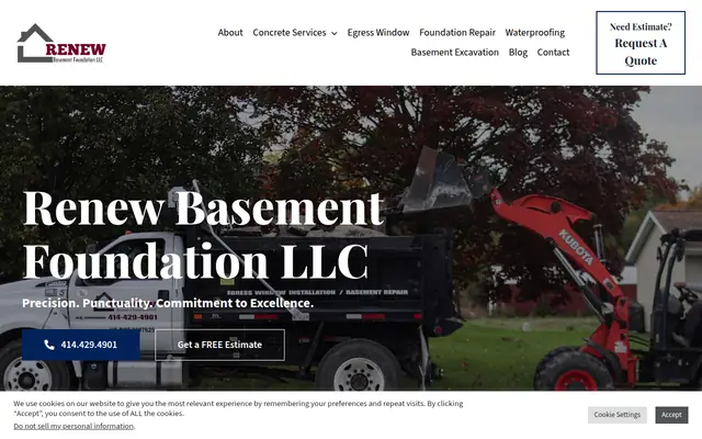 Screenshot of the Renew Basement Foundation homepage as it appeared on 2026-09-08, captured at desktop width.