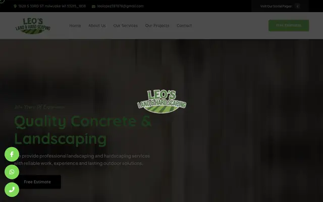 Screenshot of the Leo's Land Hard Scaping homepage as it appeared on 2026-09-08, captured at desktop width.