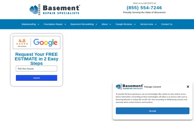 Screenshot of the Basement Repair Specialists Milwaukee homepage as it appeared on 2026-09-08, captured at desktop width.