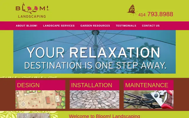 Screenshot of the Bloom! Landscaping homepage as it appeared on 2026-09-08, captured at desktop width.