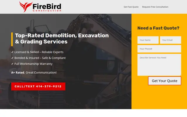 Screenshot of the Firebird Construction homepage as it appeared on 2026-09-08, captured at desktop width.
