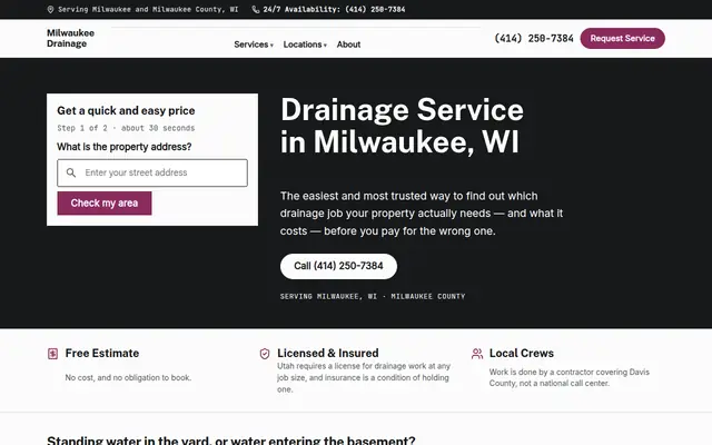 Screenshot of the Milwaukee Drainage homepage: the headline, a short form asking for a property address, and a panel reading the current local rainfall.