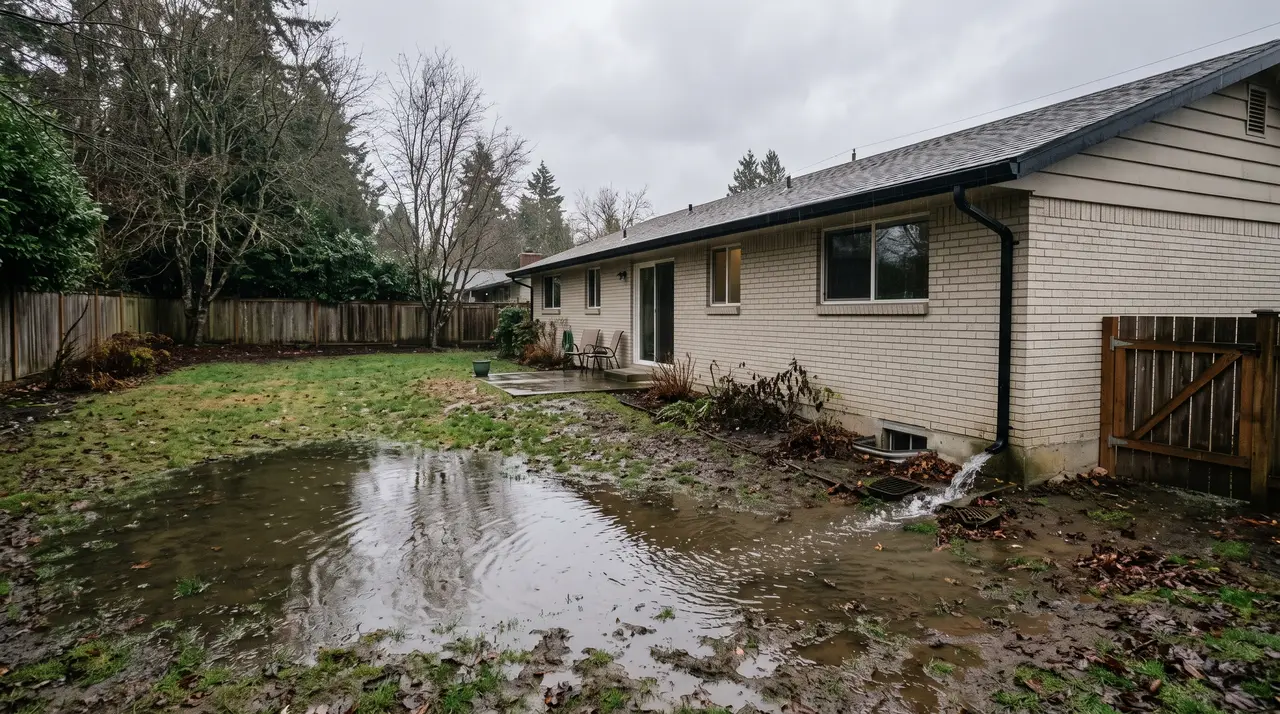 A suburban back yard the morning after heavy rain, with a wide sheet of standing water lying across a low corner of the lawn and a downspout discharging onto saturated ground close to the house.