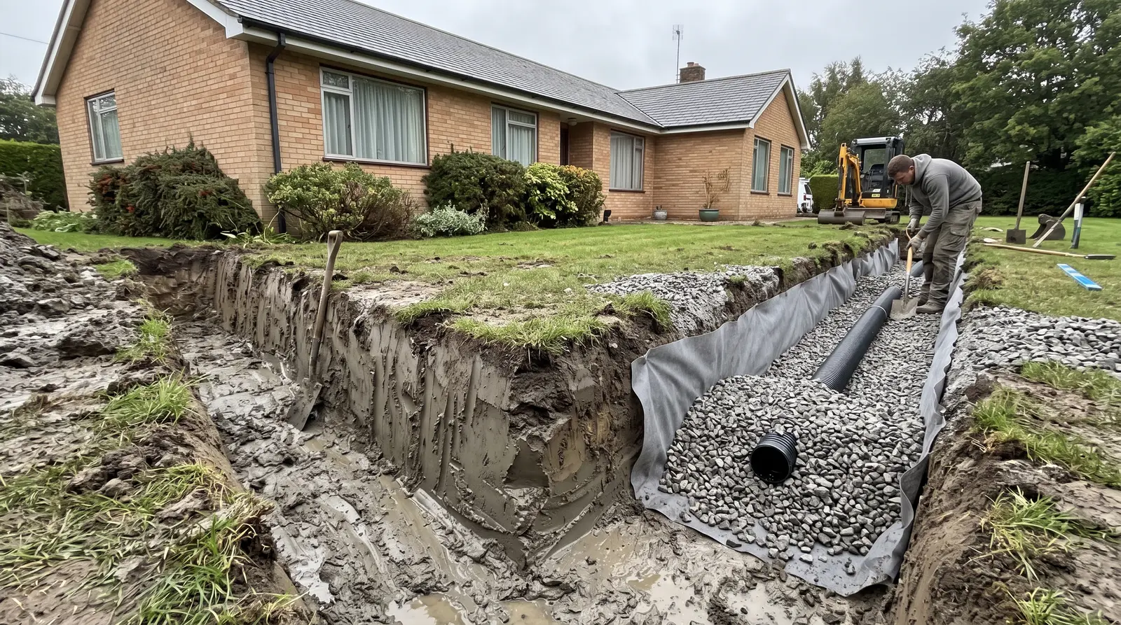 Four photographs of the same trench in sequence: open cut, stone bed, perforated pipe laid in the stone, then stone filled level to the surface.
