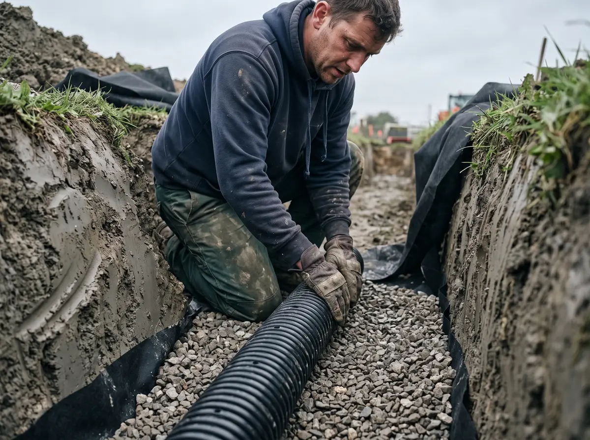 A worker kneeling at the edge of an open trench, seating perforated pipe into a bed of washed stone with both hands.